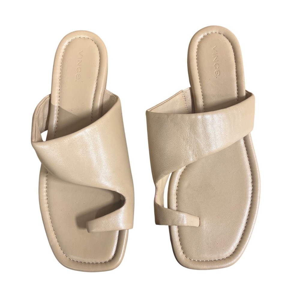 Vince Toe Ring Slide Sandals Womens 9 Beige Excellent Leather Square Toe Flat